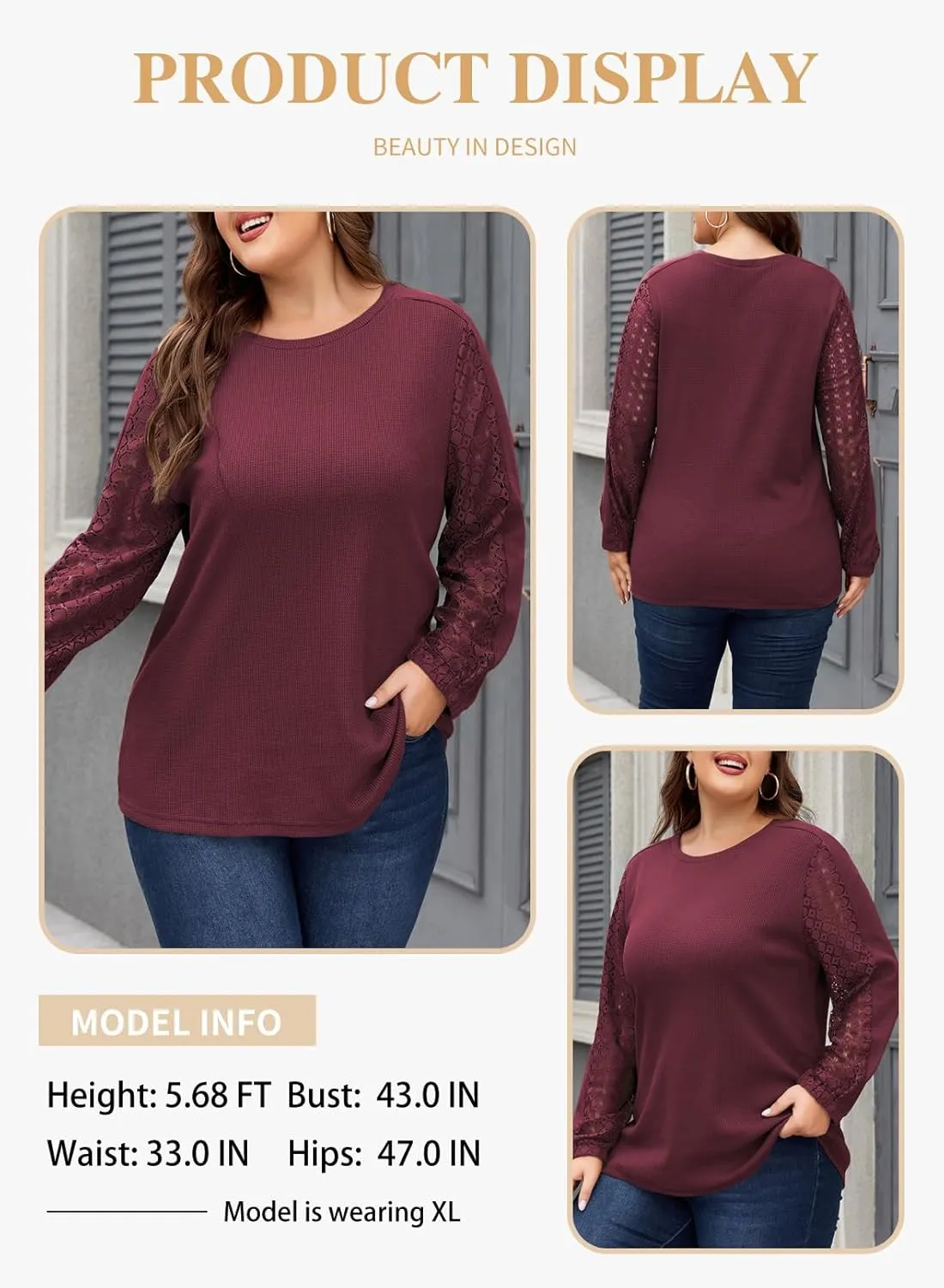 Eytino Womens Plus Size Tops Lace Long Sleeve Waffle T Shirts Casual Crewneck Tunic Tops(1X-5X)
