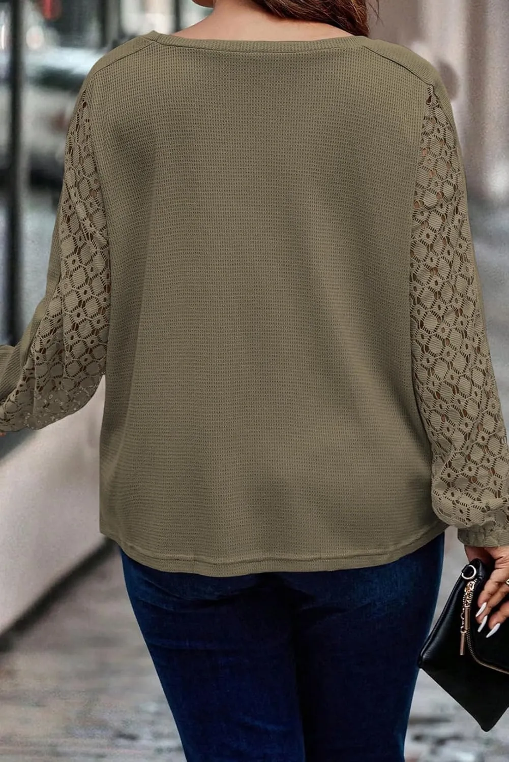 Eytino Womens Plus Size Tops Lace Long Sleeve Waffle T Shirts Casual Crewneck Tunic Tops(1X-5X)