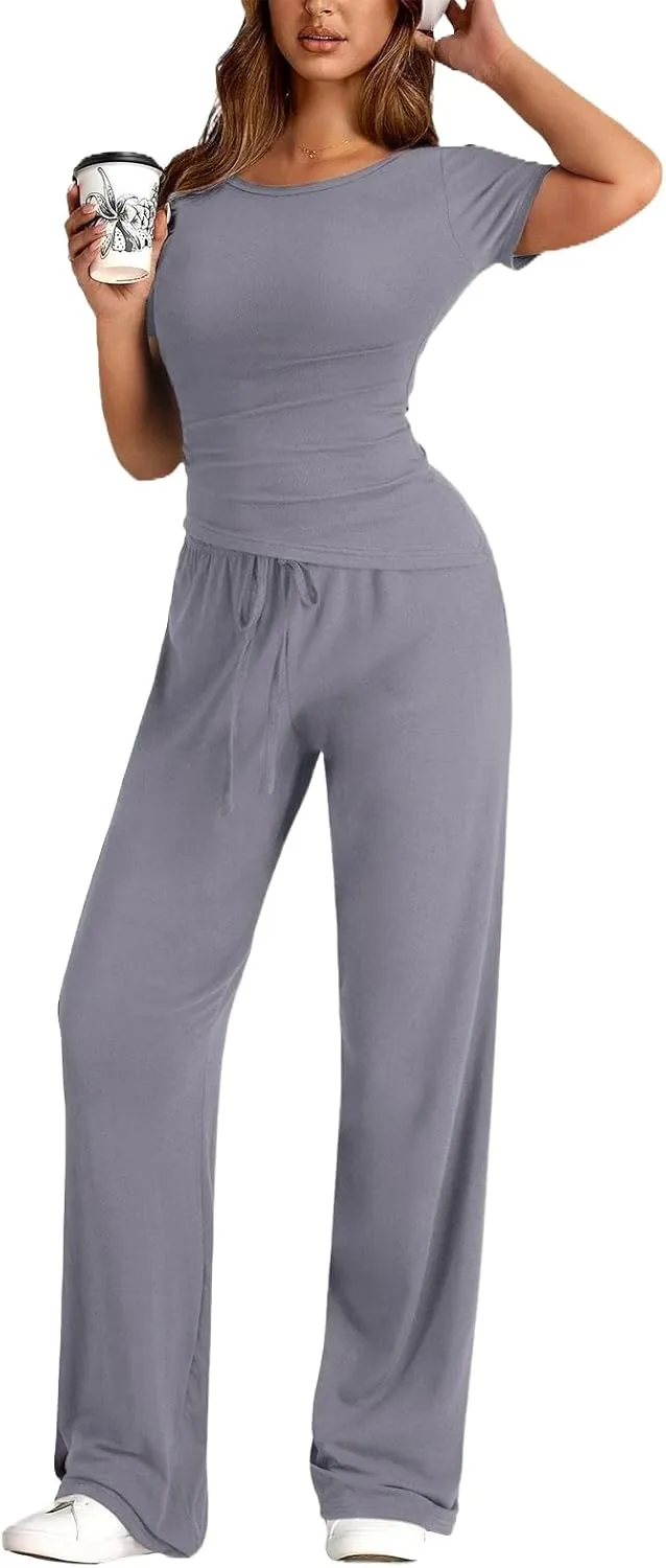 FAIRY SEASON Women's 2 Piece Casual Lounge Sets Summer Outfits Asymmetrical Short Sleeve Tops Wide Leg Pants Matching Set