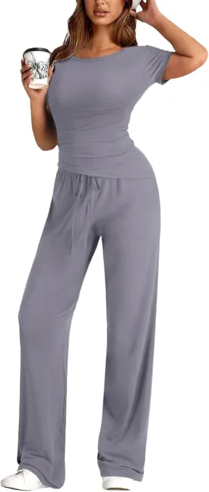 FAIRY SEASON Women's 2 Piece Casual Lounge Sets Summer Outfits Asymmetrical Short Sleeve Tops Wide Leg Pants Matching Set