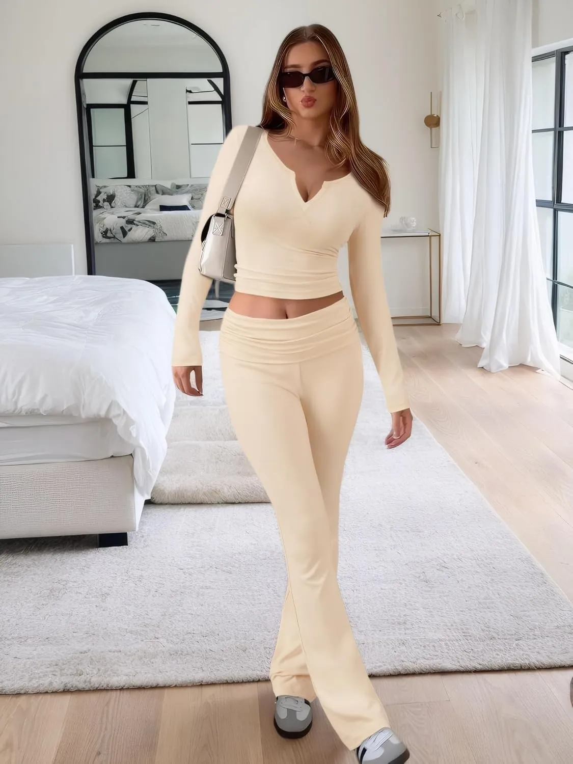 FAIRY SEASON Womens 2 Piece Lounge Sets Slim Fit V Neck Long Sleeve Top Fold Over Yoga Flare Pants Pajamas Loungewear Outfits
