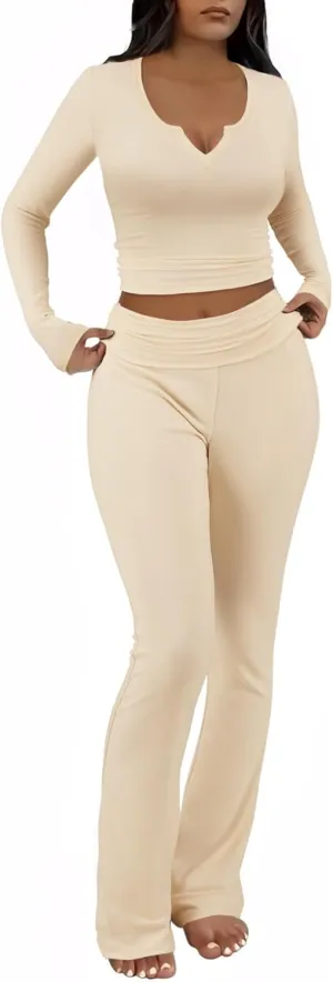 FAIRY SEASON Womens 2 Piece Lounge Sets Slim Fit V Neck Long Sleeve Top Fold Over Yoga Flare Pants Pajamas Loungewear Outfits