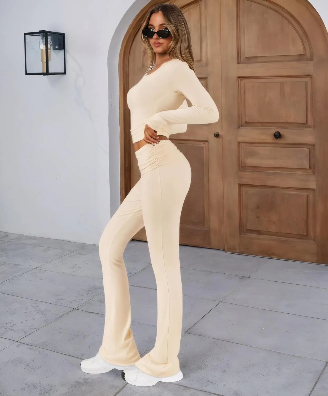 FAIRY SEASON Womens 2 Piece Lounge Sets Slim Fit V Neck Long Sleeve Top Fold Over Yoga Flare Pants Pajamas Loungewear Outfits