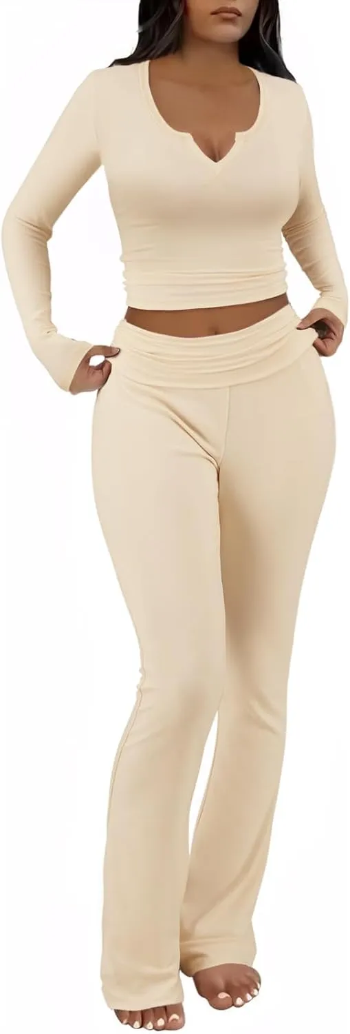 FAIRY SEASON Womens 2 Piece Lounge Sets Slim Fit V Neck Long Sleeve Top Fold Over Yoga Flare Pants Pajamas Loungewear Outfits