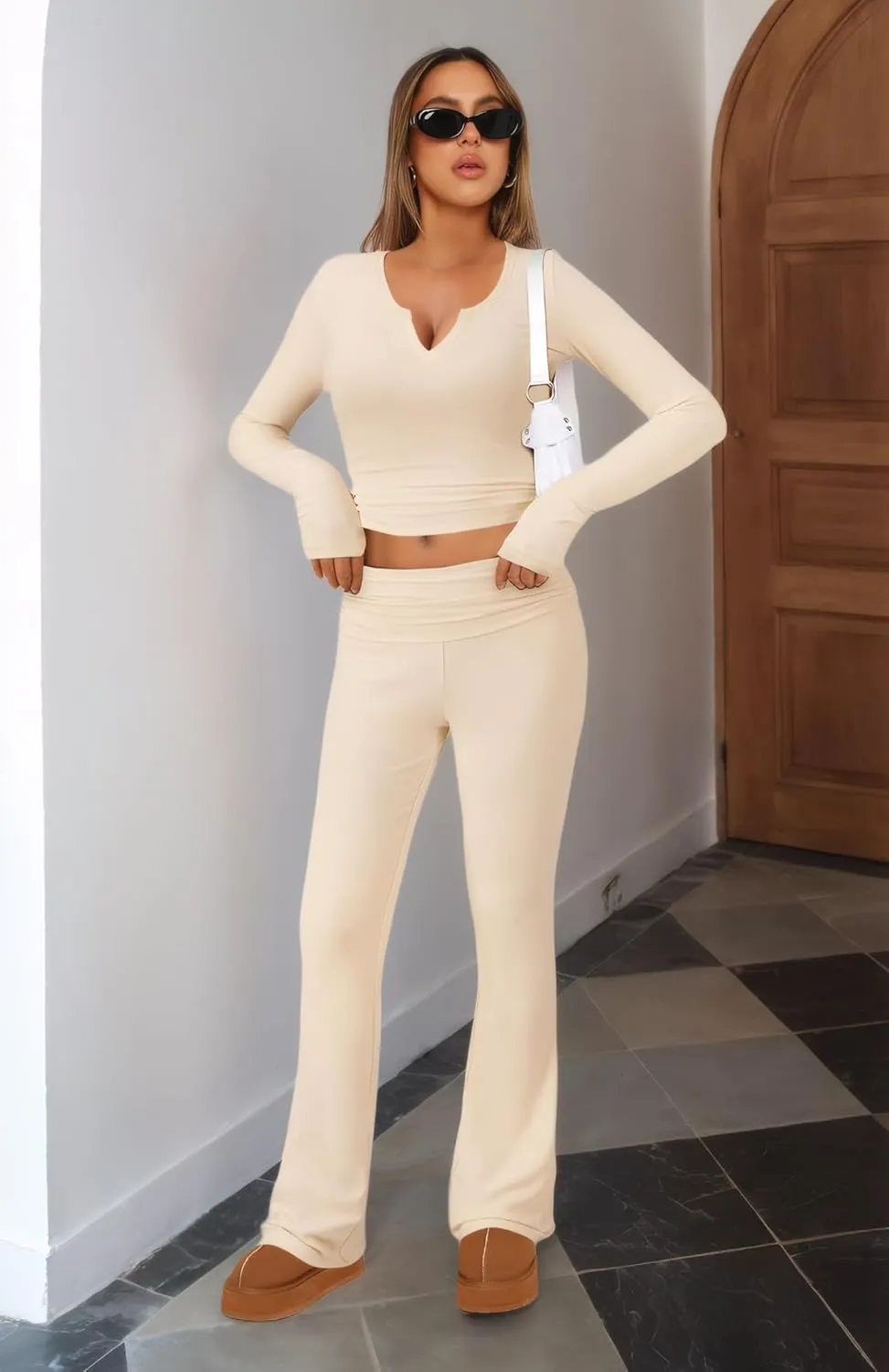 FAIRY SEASON Womens 2 Piece Lounge Sets Slim Fit V Neck Long Sleeve Top Fold Over Yoga Flare Pants Pajamas Loungewear Outfits