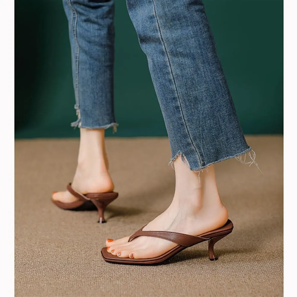 Fashion French Square Head Genuine Leather Kitten Heel Clamping Sandals with High Heels Herringbone Slippers Prom Shoes for Women's