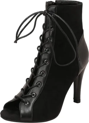 FENIKUSU Women's Ballroom Dance Shoes Peep Toe Gladiator Heeled Latin Salsa Boots Plus Size Model F7