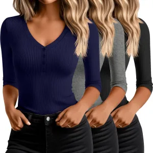 Ficerd 3 Pack Women's 3/4 Sleeve Henley Shirts, Cotton V Neck Ribbed Knit Slim Fit Shirts Tight Basic Tee