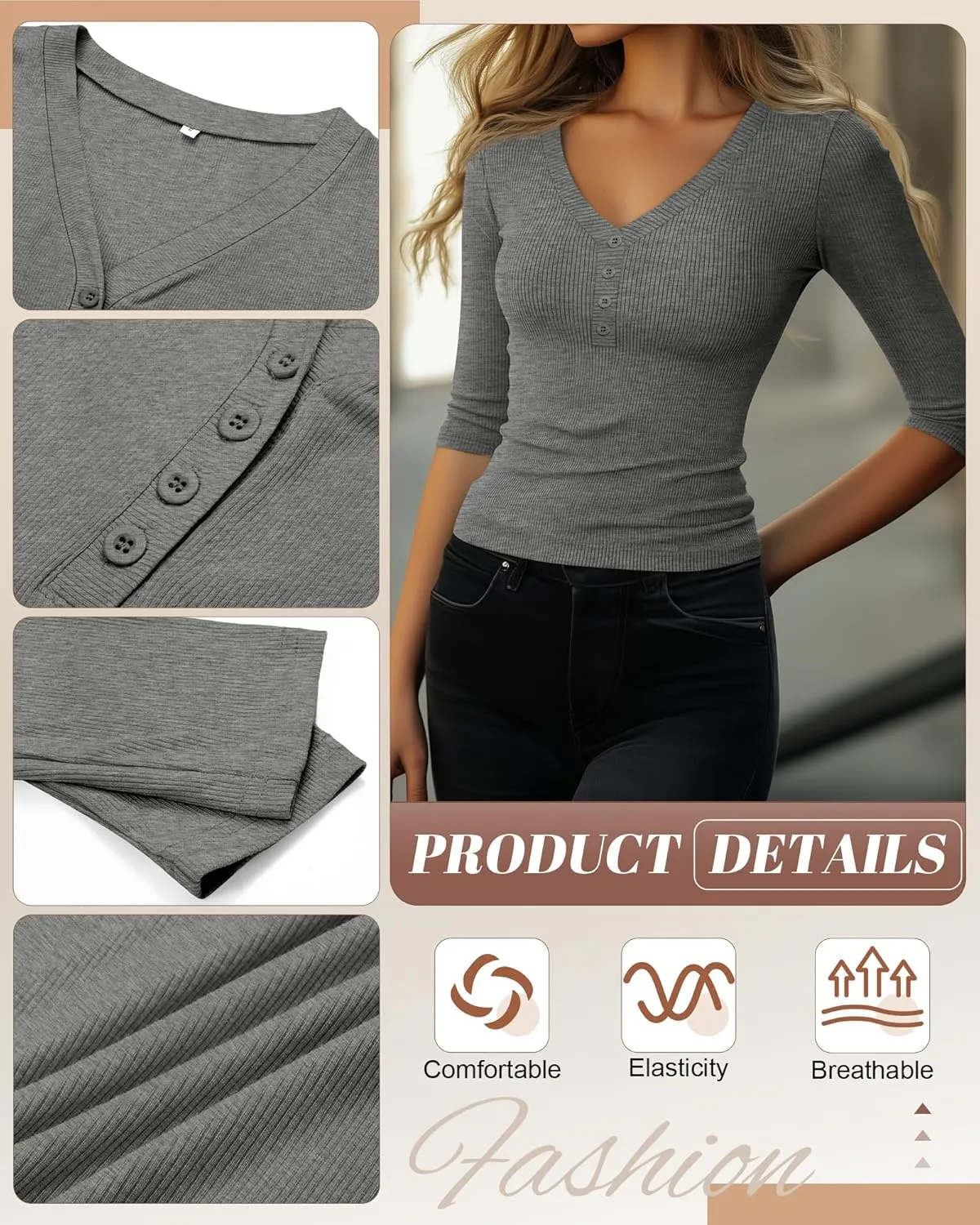 Ficerd 3 Pack Women's 3/4 Sleeve Henley Shirts, Cotton V Neck Ribbed Knit Slim Fit Shirts Tight Basic Tee