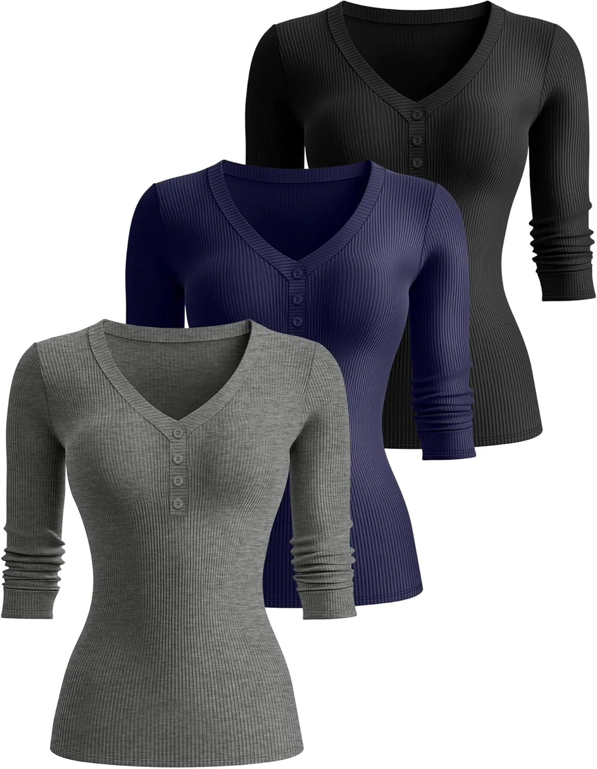 Ficerd 3 Pack Women's 3/4 Sleeve Henley Shirts, Cotton V Neck Ribbed Knit Slim Fit Shirts Tight Basic Tee