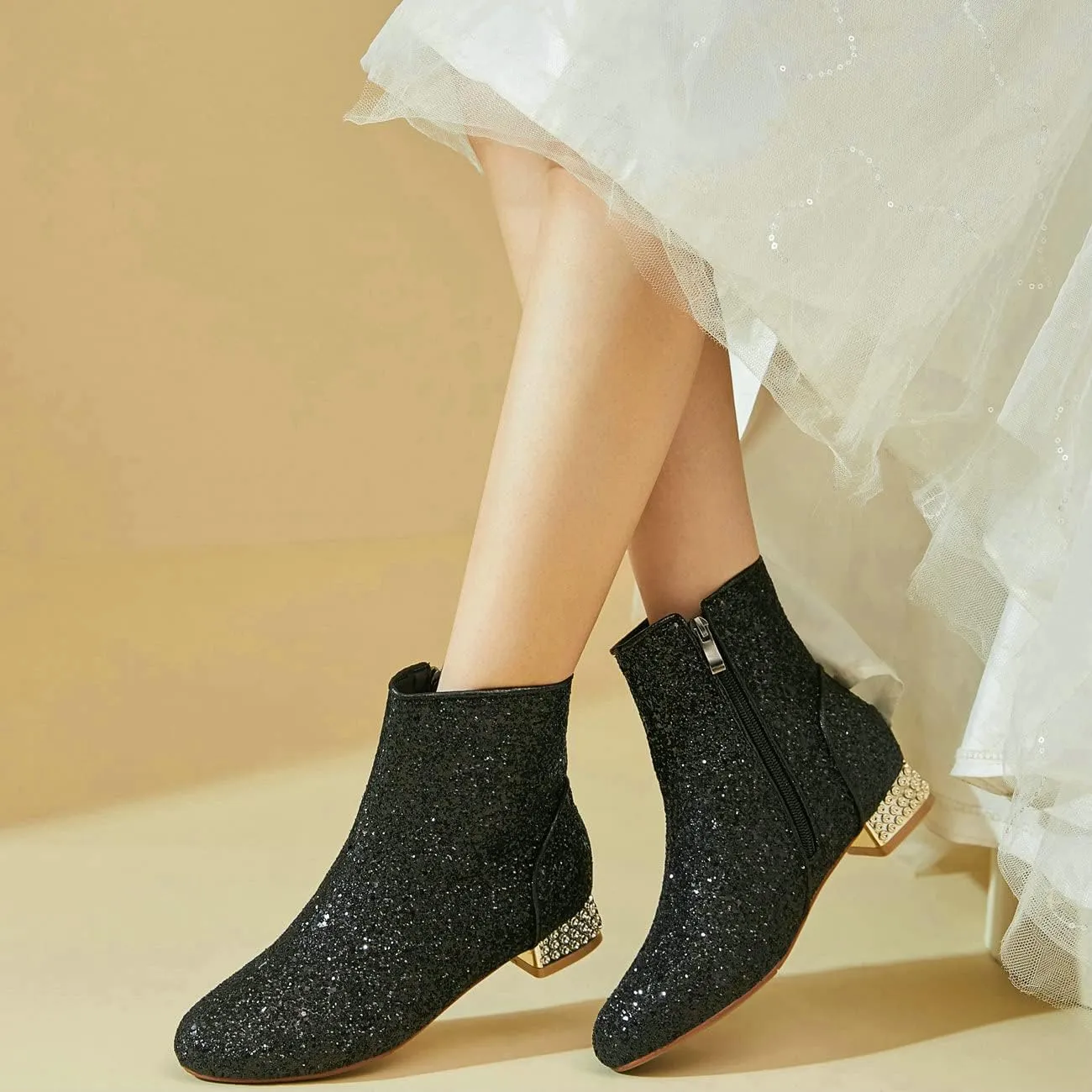 FIFSY Women Sequin Ankle Boots Low Heel Sparkly Glitter Booties