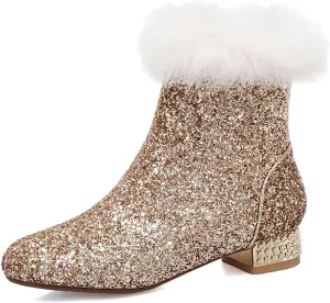 FIFSY Women Sequin Ankle Boots Low Heel Sparkly Glitter Booties