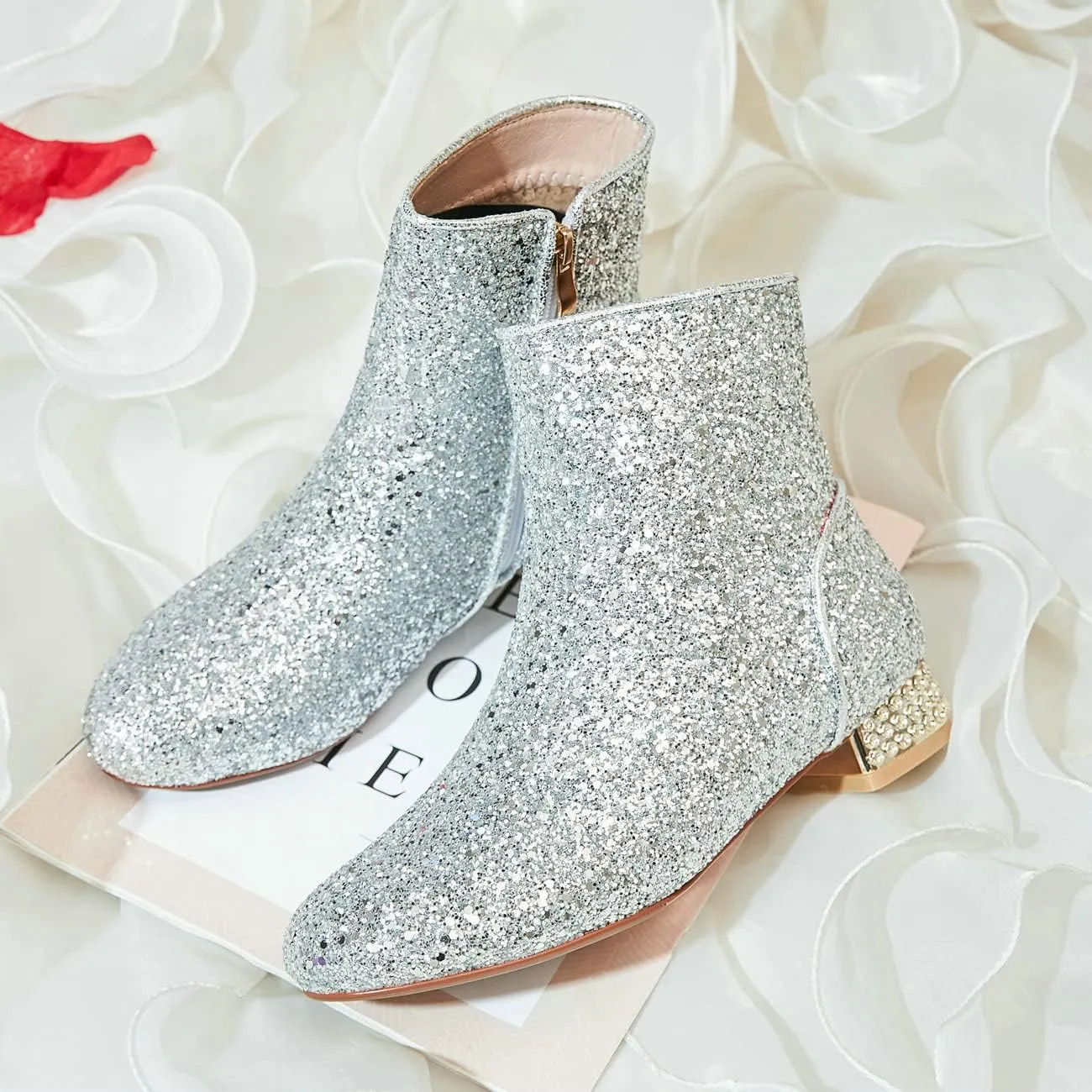 FIFSY Women Sequin Ankle Boots Low Heel Sparkly Glitter Booties