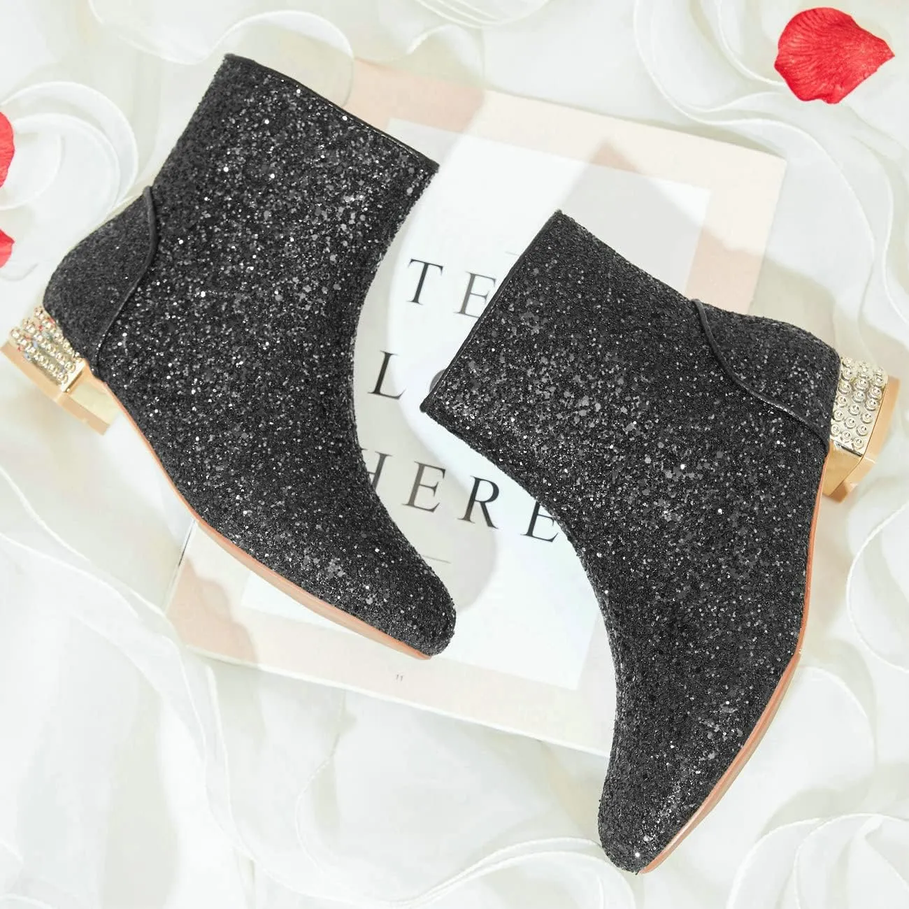 FIFSY Women Sequin Ankle Boots Low Heel Sparkly Glitter Booties