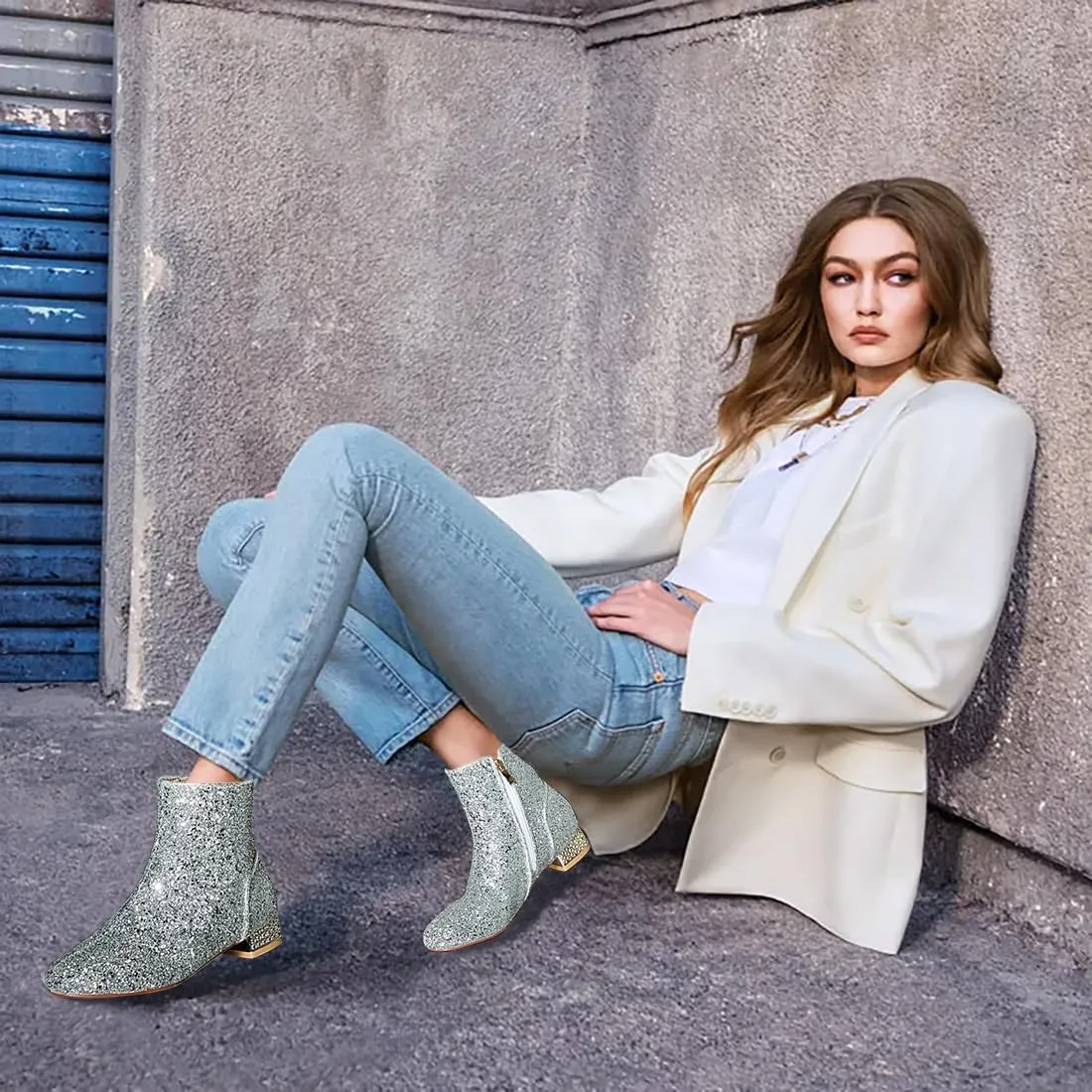 FIFSY Women Sequin Ankle Boots Low Heel Sparkly Glitter Booties
