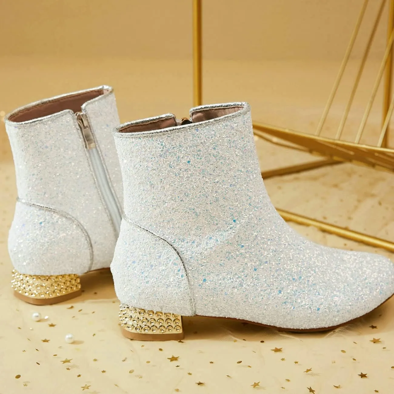 FIFSY Women Sequin Ankle Boots Low Heel Sparkly Glitter Booties