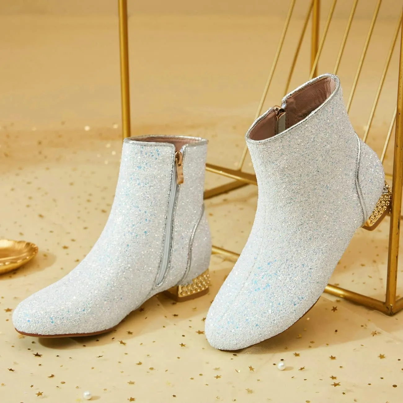 FIFSY Women Sequin Ankle Boots Low Heel Sparkly Glitter Booties