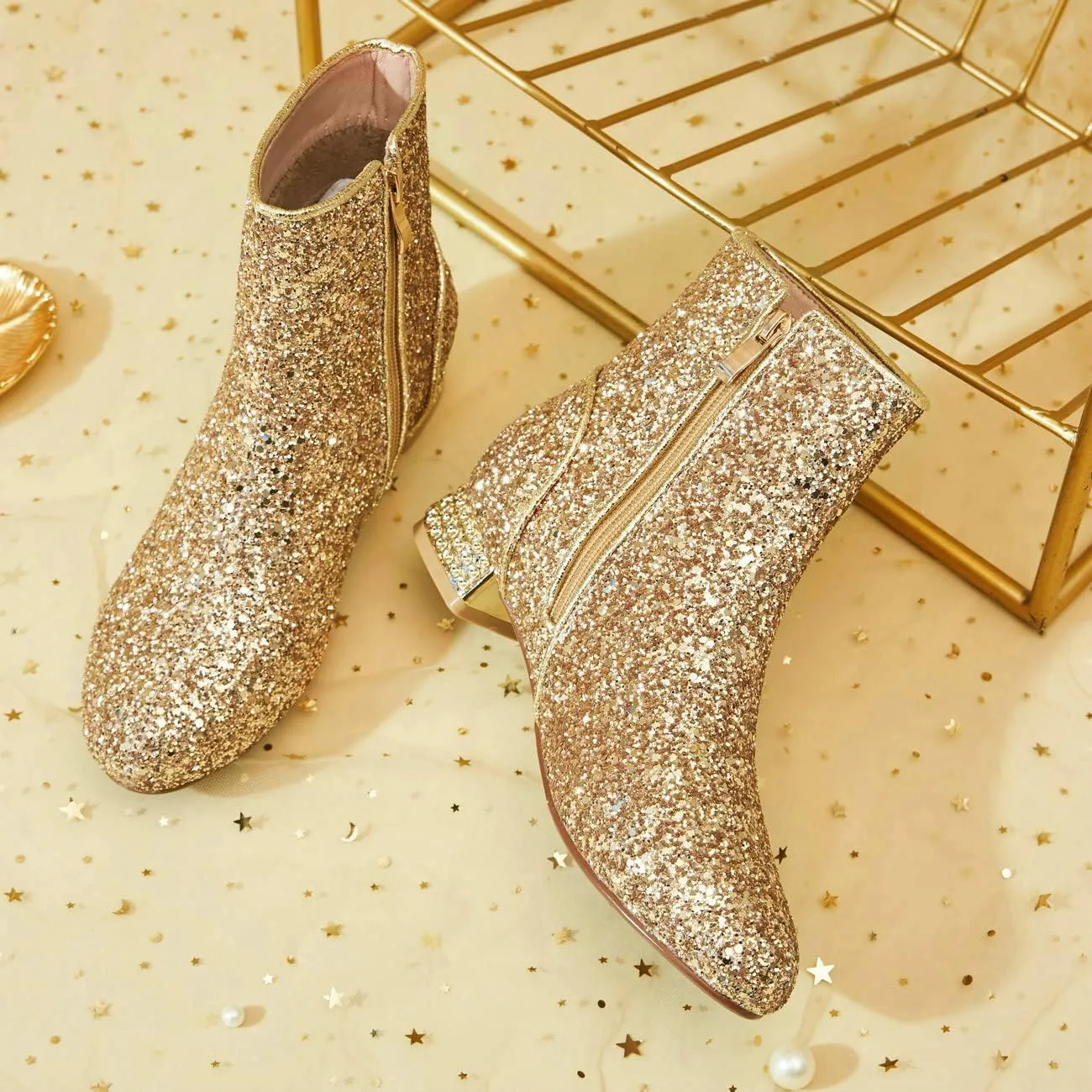 FIFSY Women Sequin Ankle Boots Low Heel Sparkly Glitter Booties