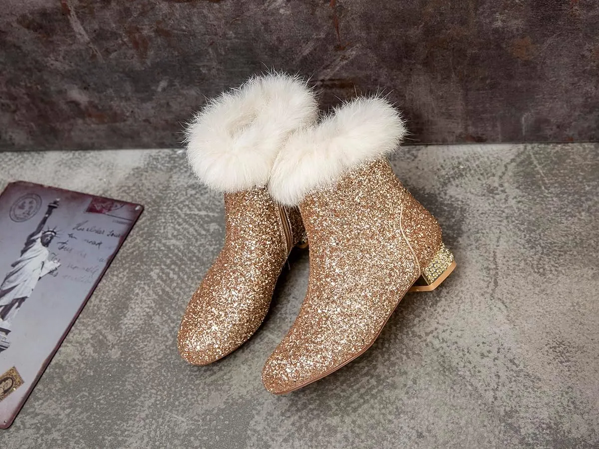 FIFSY Women Sequin Ankle Boots Low Heel Sparkly Glitter Booties