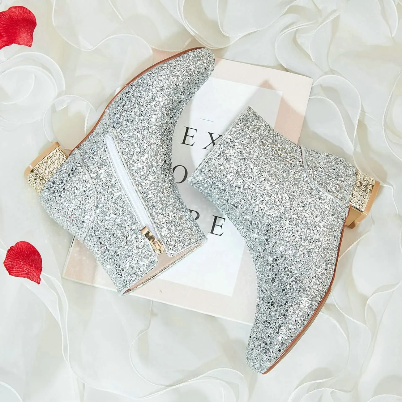 FIFSY Women Sequin Ankle Boots Low Heel Sparkly Glitter Booties