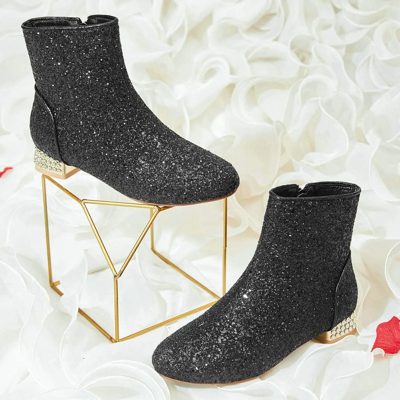 FIFSY Women Sequin Ankle Boots Low Heel Sparkly Glitter Booties