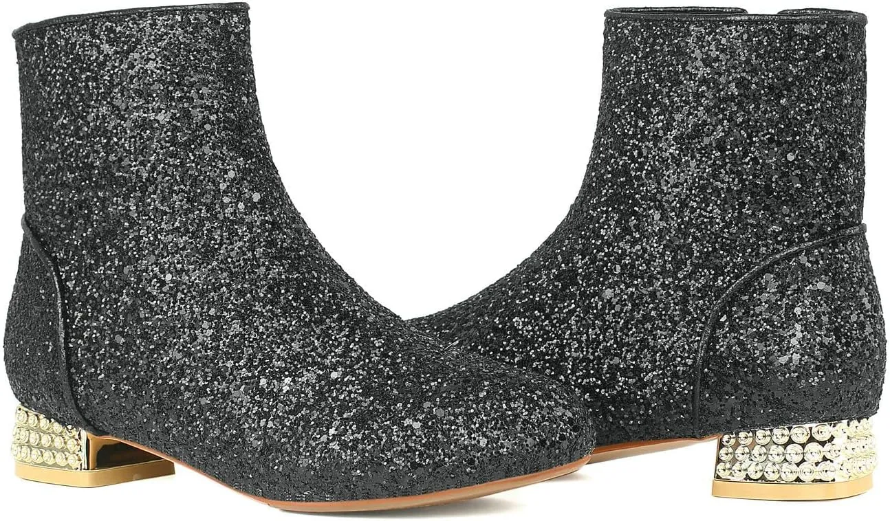FIFSY Women Sequin Ankle Boots Low Heel Sparkly Glitter Booties