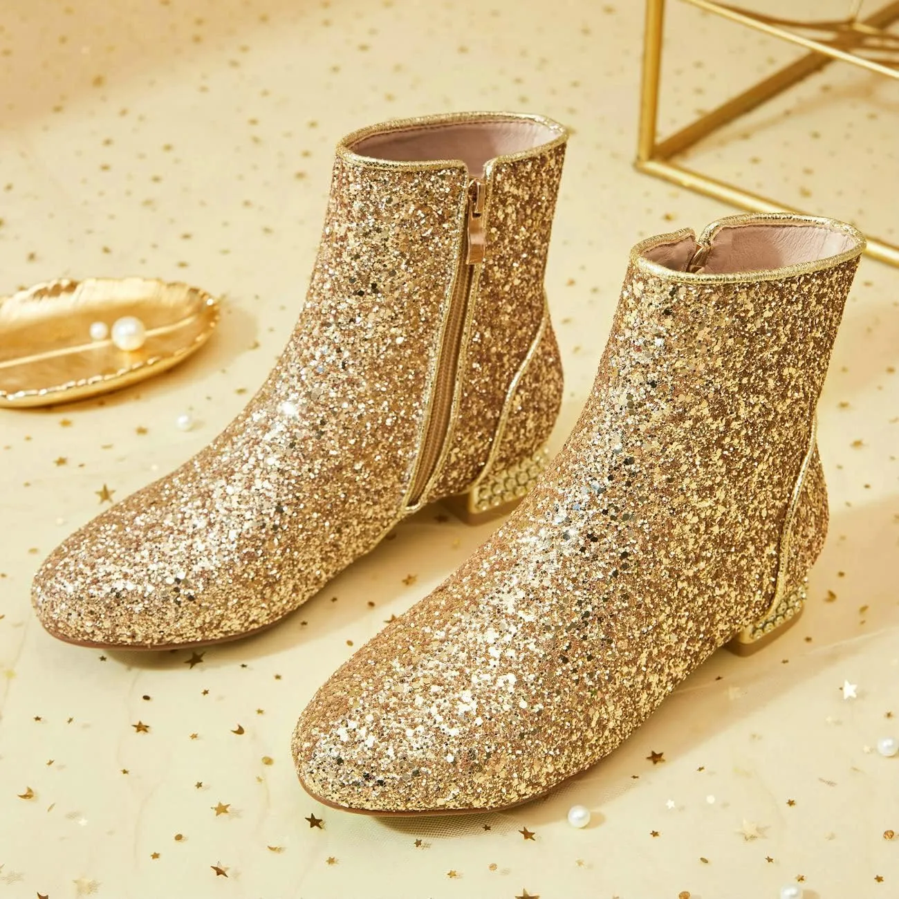 FIFSY Women Sequin Ankle Boots Low Heel Sparkly Glitter Booties