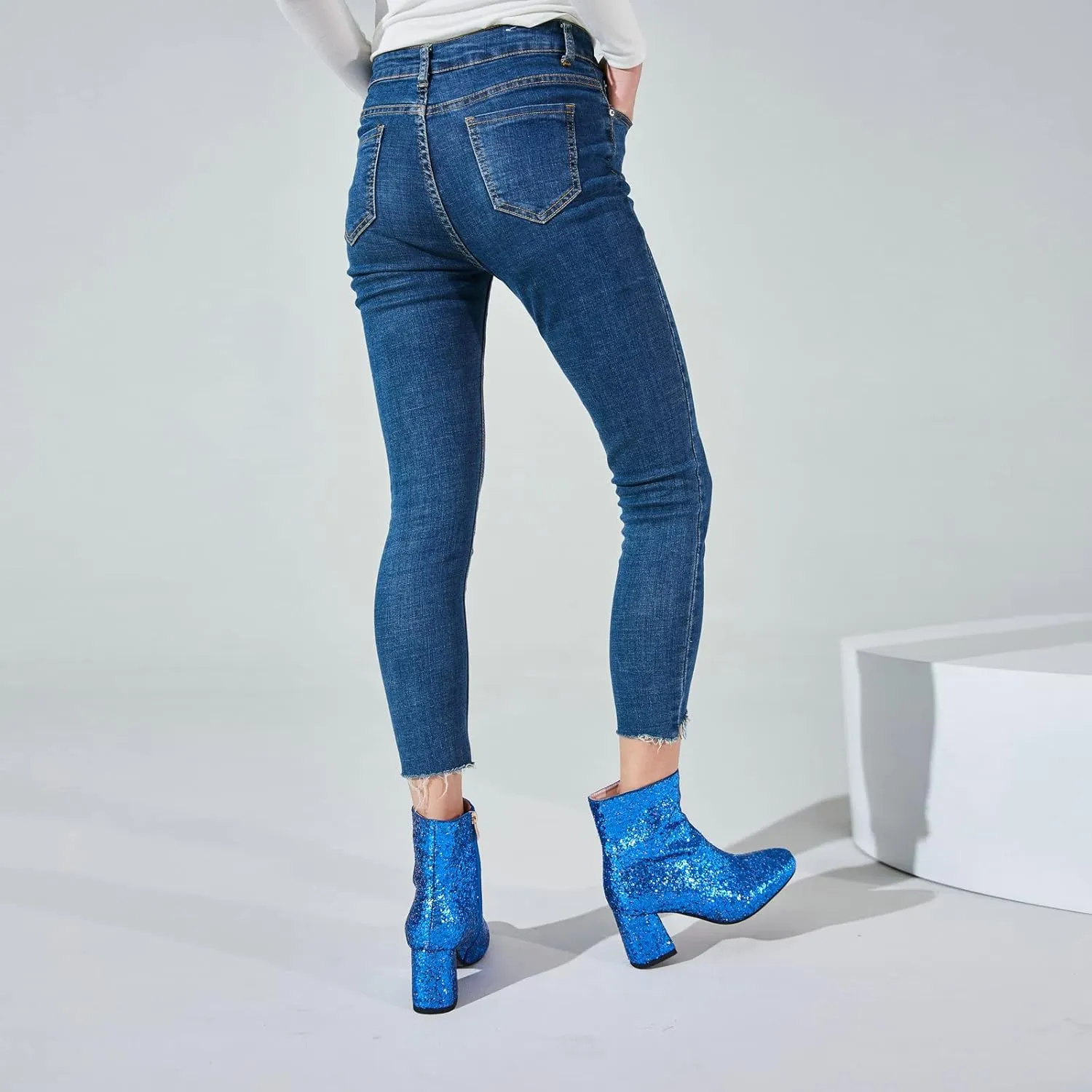 FIFSY Women Sparkly Ankle Boots Sequin Glitter Booties Chunky High Heels