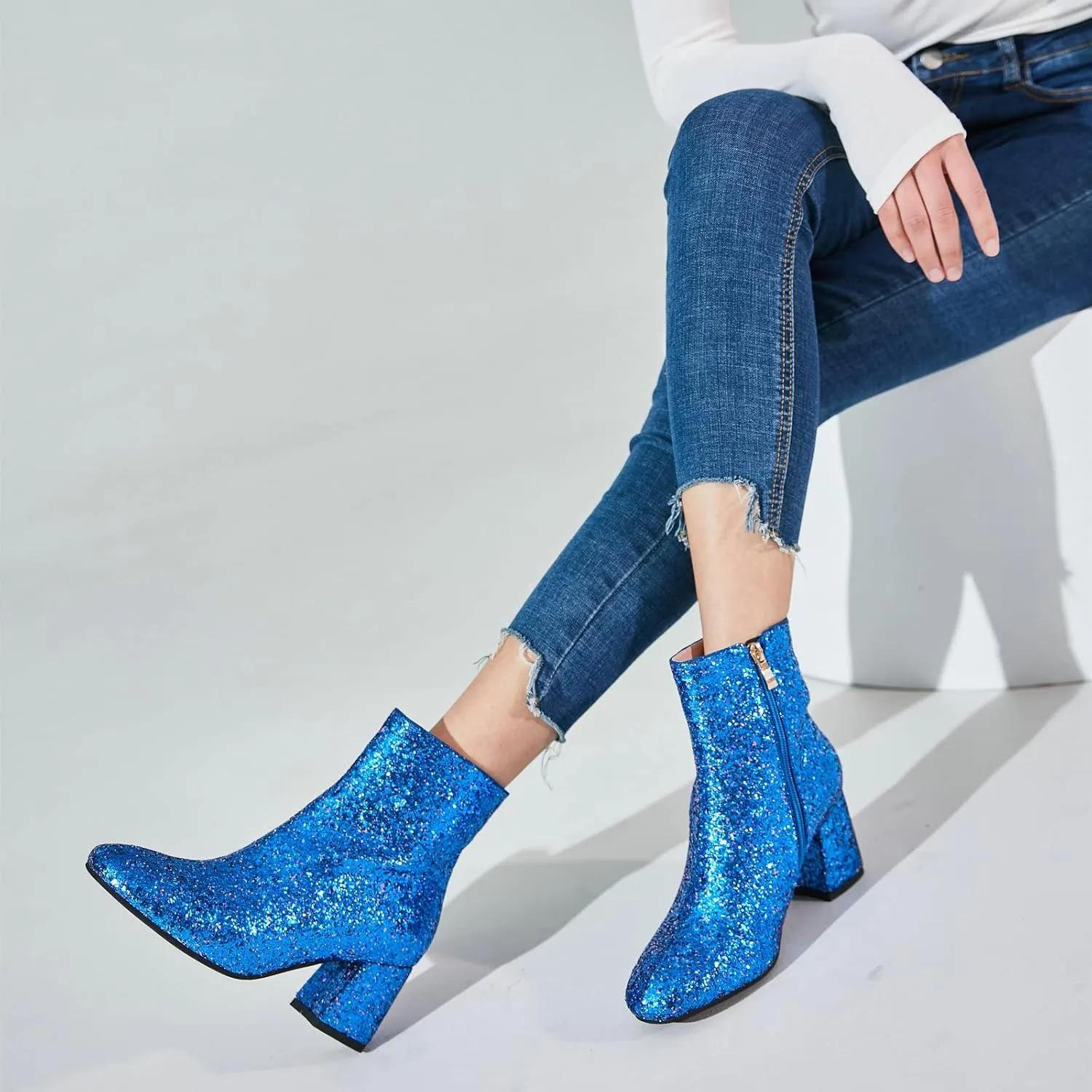 FIFSY Women Sparkly Ankle Boots Sequin Glitter Booties Chunky High Heels