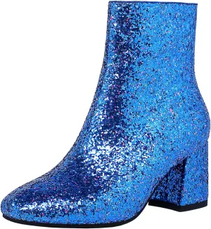 FIFSY Women Sparkly Ankle Boots Sequin Glitter Booties Chunky High Heels