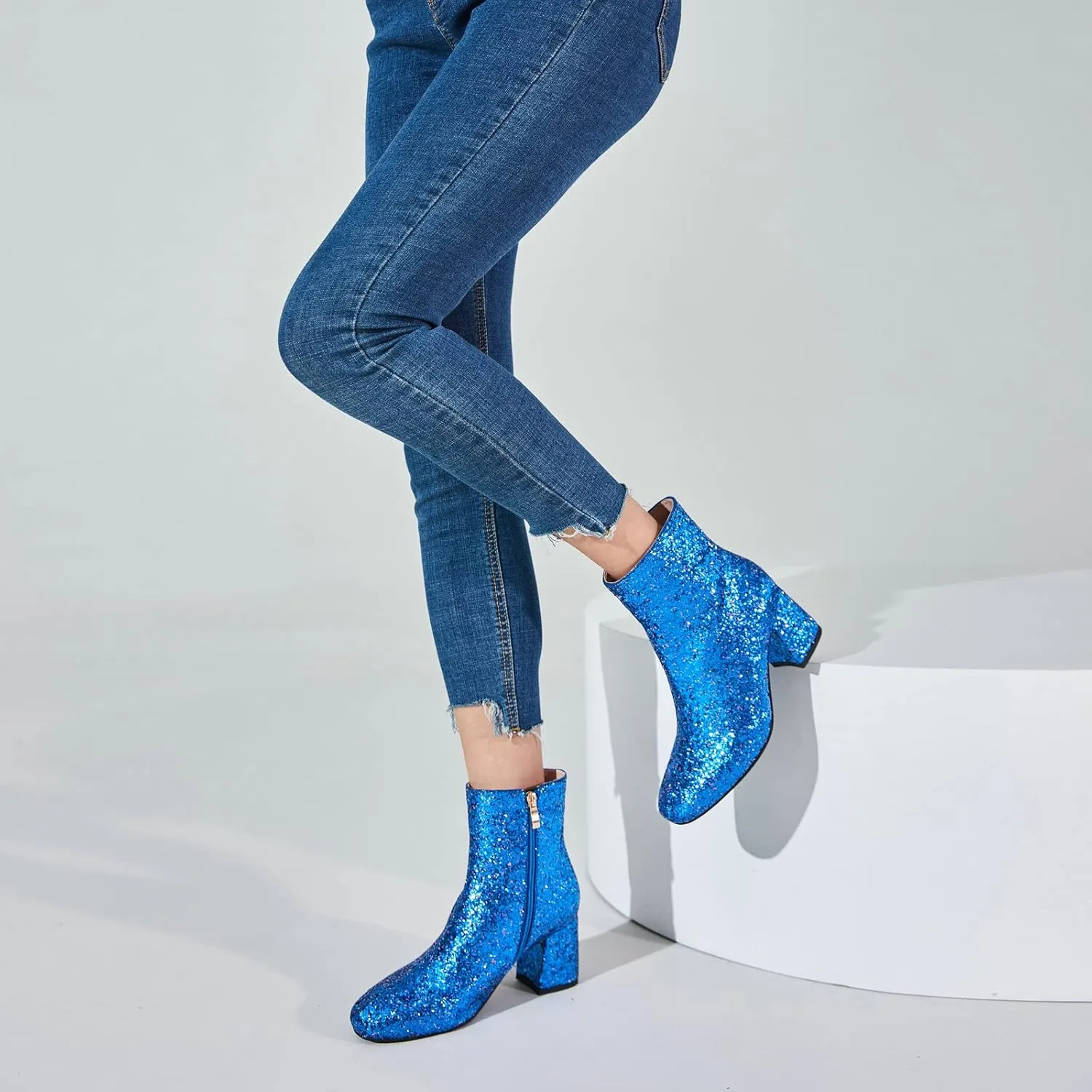 FIFSY Women Sparkly Ankle Boots Sequin Glitter Booties Chunky High Heels