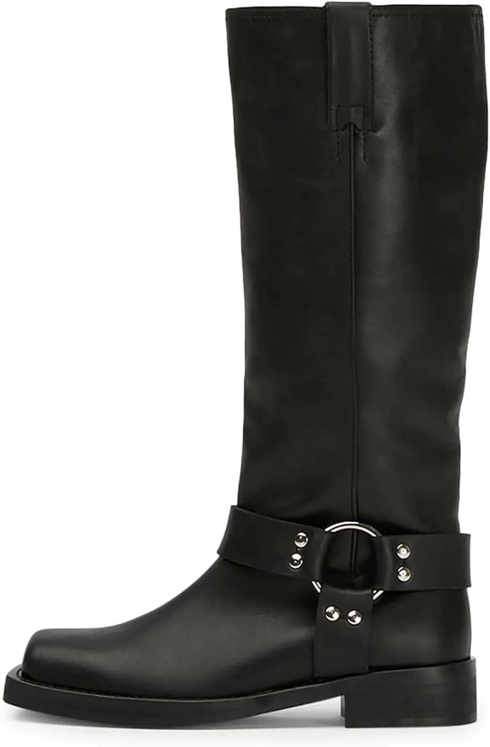 FIFSY Women's Knee High Boots Slip On Riding Boots Buckle Boots for Women Sexy Squared Toe Low Chunky High Heel Tall Motorcycle Boots Women's Low Heel 1-2" Boots Dance Party Booties