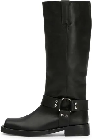FIFSY Women's Knee High Boots Slip On Riding Boots Buckle Boots for Women Sexy Squared Toe Low Chunky High Heel Tall Motorcycle Boots Women's Low Heel 1-2" Boots Dance Party Booties
