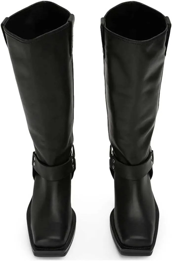 FIFSY Women's Knee High Boots Slip On Riding Boots Buckle Boots for Women Sexy Squared Toe Low Chunky High Heel Tall Motorcycle Boots Women's Low Heel 1-2" Boots Dance Party Booties