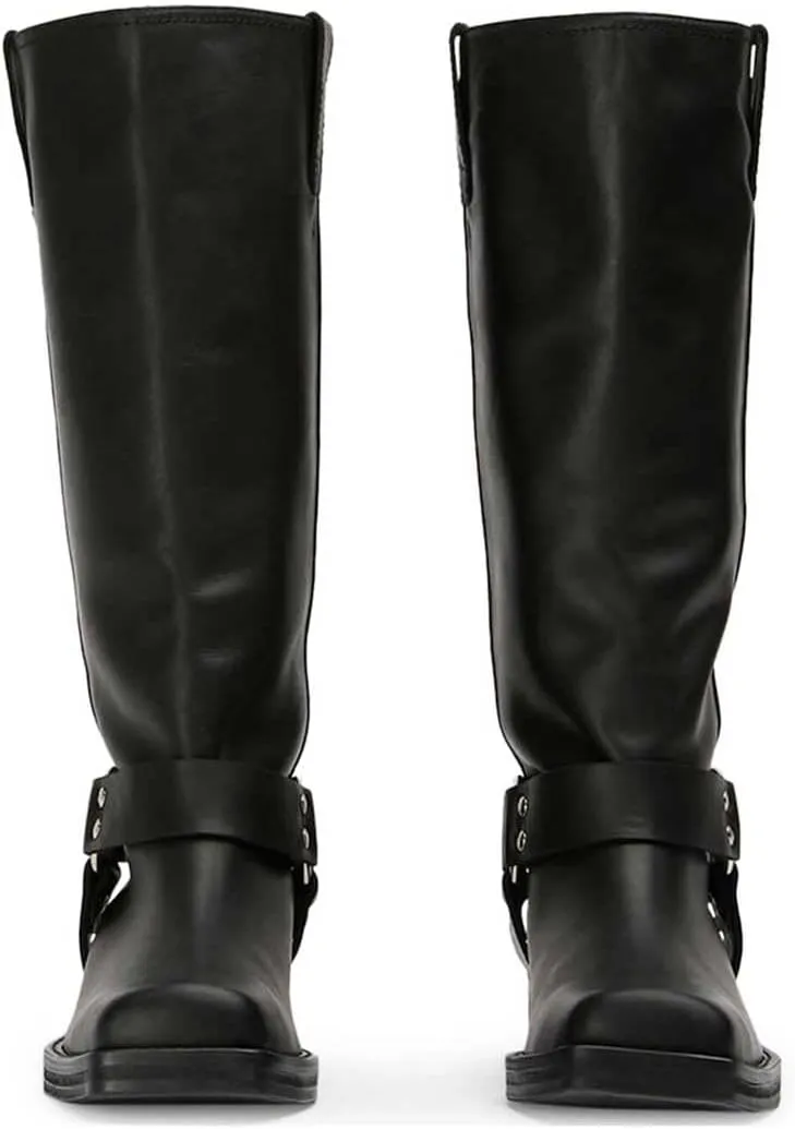FIFSY Women's Knee High Boots Slip On Riding Boots Buckle Boots for Women Sexy Squared Toe Low Chunky High Heel Tall Motorcycle Boots Women's Low Heel 1-2" Boots Dance Party Booties