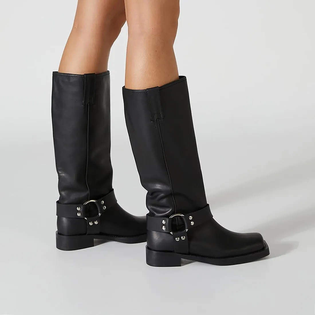 FIFSY Women's Knee High Boots Slip On Riding Boots Buckle Boots for Women Sexy Squared Toe Low Chunky High Heel Tall Motorcycle Boots Women's Low Heel 1-2" Boots Dance Party Booties