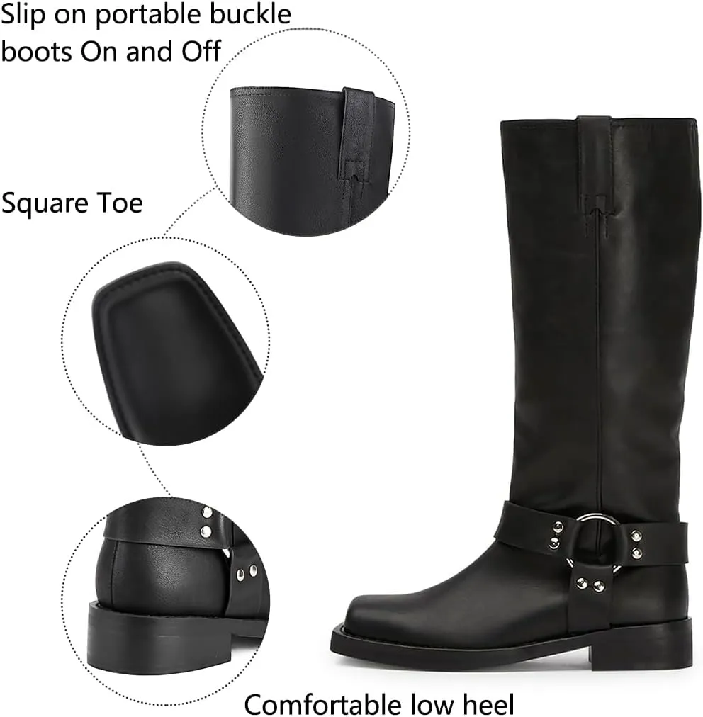 FIFSY Women's Knee High Boots Slip On Riding Boots Buckle Boots for Women Sexy Squared Toe Low Chunky High Heel Tall Motorcycle Boots Women's Low Heel 1-2" Boots Dance Party Booties