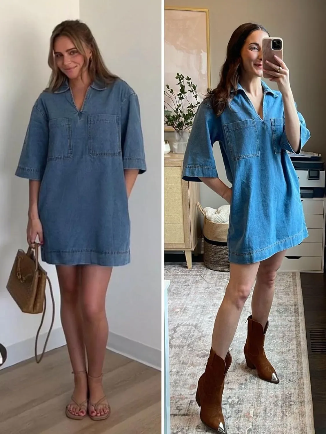Fisoew Womens Denim Shirt Dress Summer Collared V Neck Mini Casual Jean Dresses with Pockets