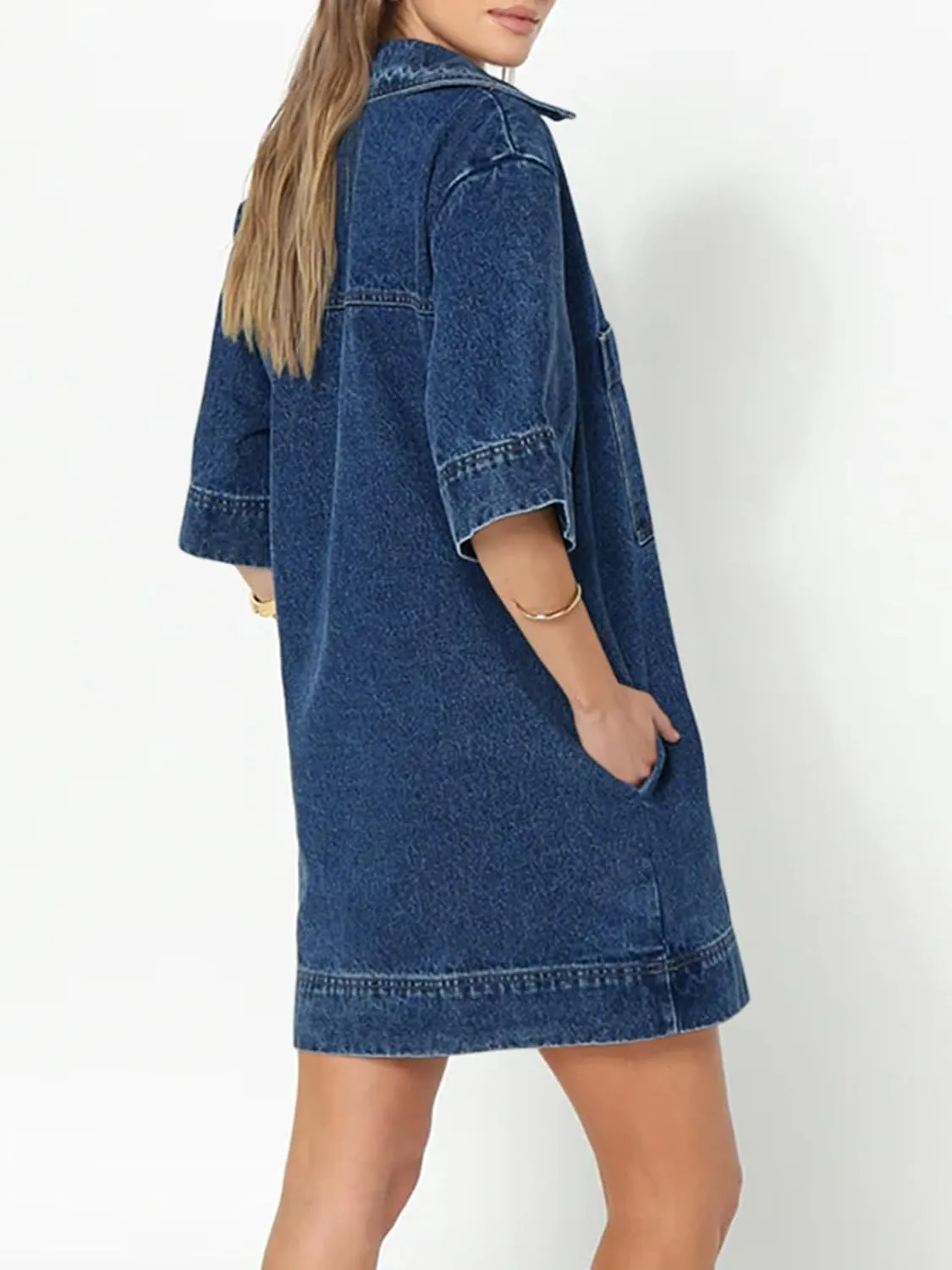 Fisoew Womens Denim Shirt Dress Summer Collared V Neck Mini Casual Jean Dresses with Pockets