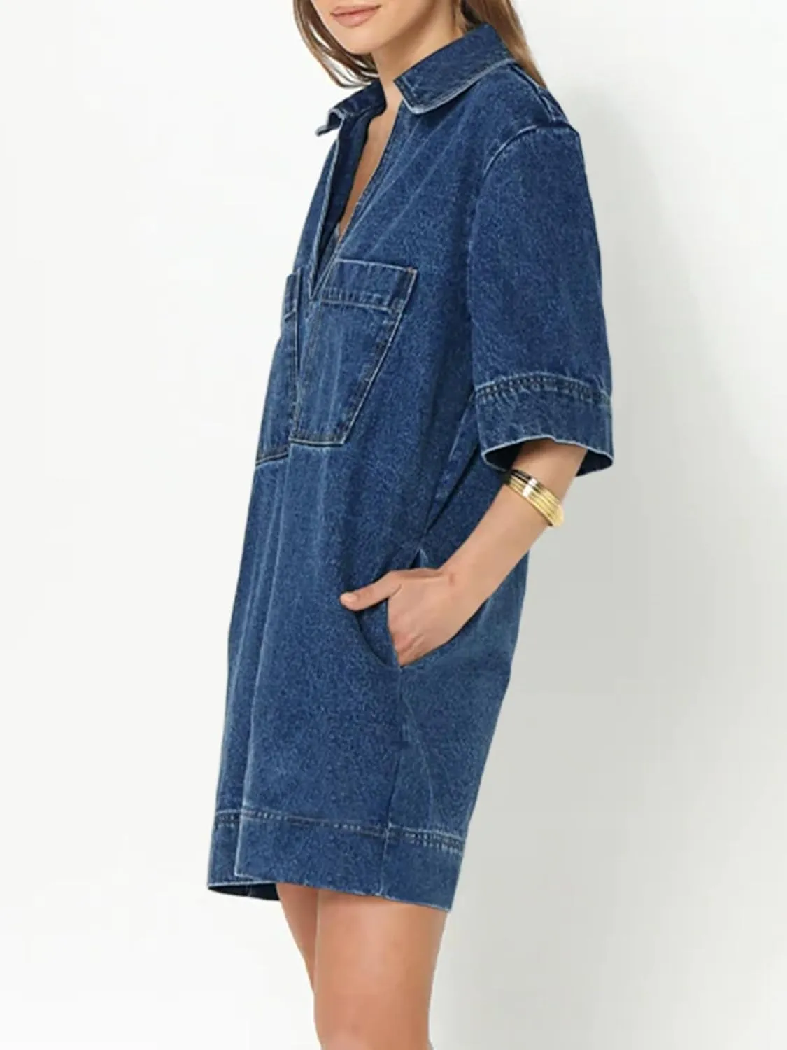 Fisoew Womens Denim Shirt Dress Summer Collared V Neck Mini Casual Jean Dresses with Pockets