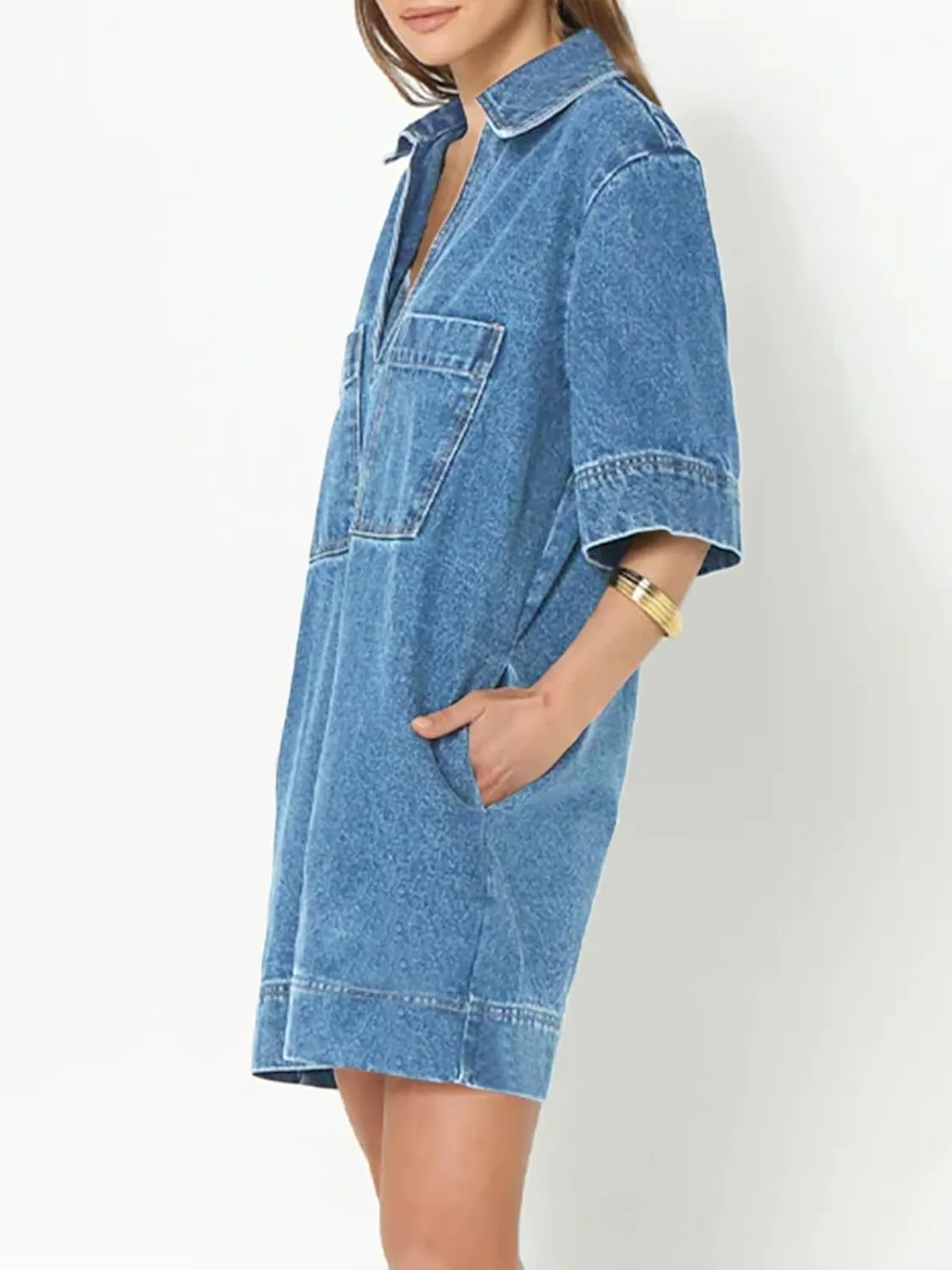Fisoew Womens Denim Shirt Dress Summer Collared V Neck Mini Casual Jean Dresses with Pockets