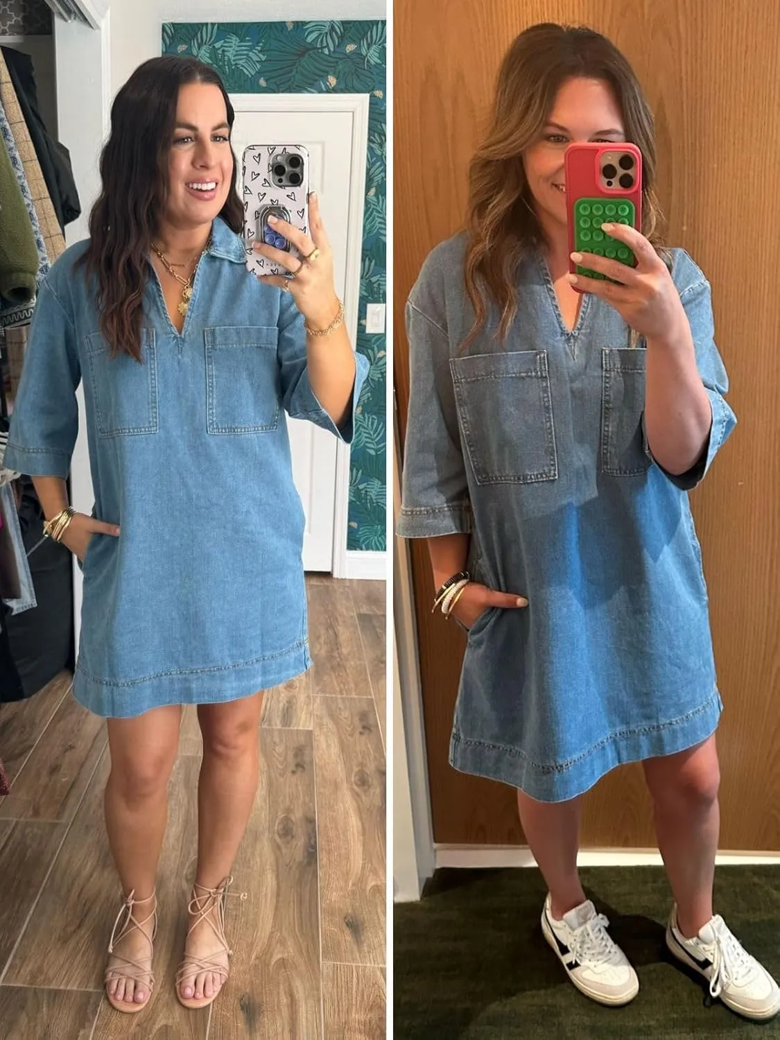 Fisoew Womens Denim Shirt Dress Summer Collared V Neck Mini Casual Jean Dresses with Pockets