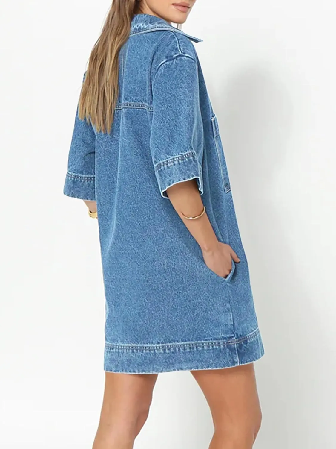 Fisoew Womens Denim Shirt Dress Summer Collared V Neck Mini Casual Jean Dresses with Pockets