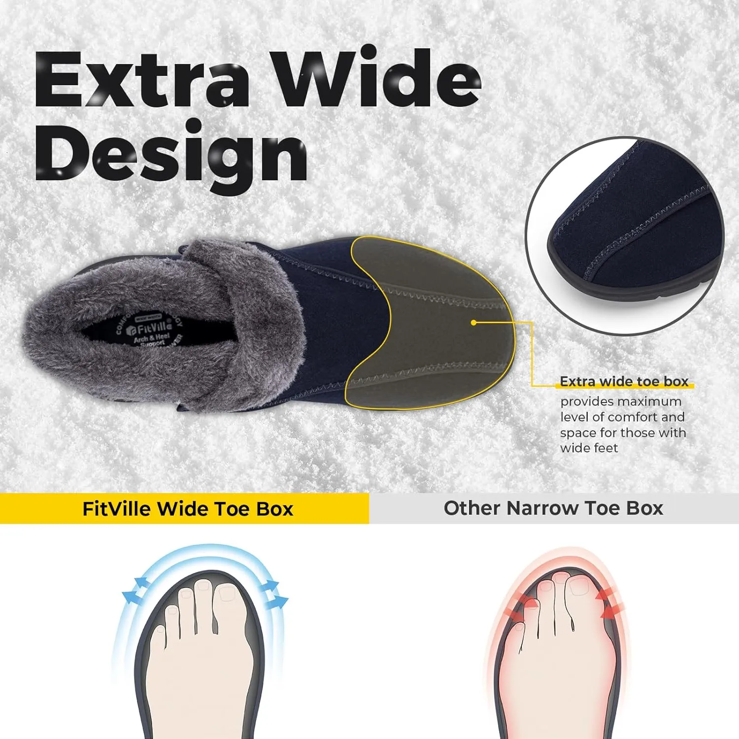 FitVille Men's Wide Snow Boots, Lightweight Winter Boots Slippers Warm Slip-on Diabetic Boots with Adjustable Closures, Comfortable Lymphedema Shoes for Swollen Feet