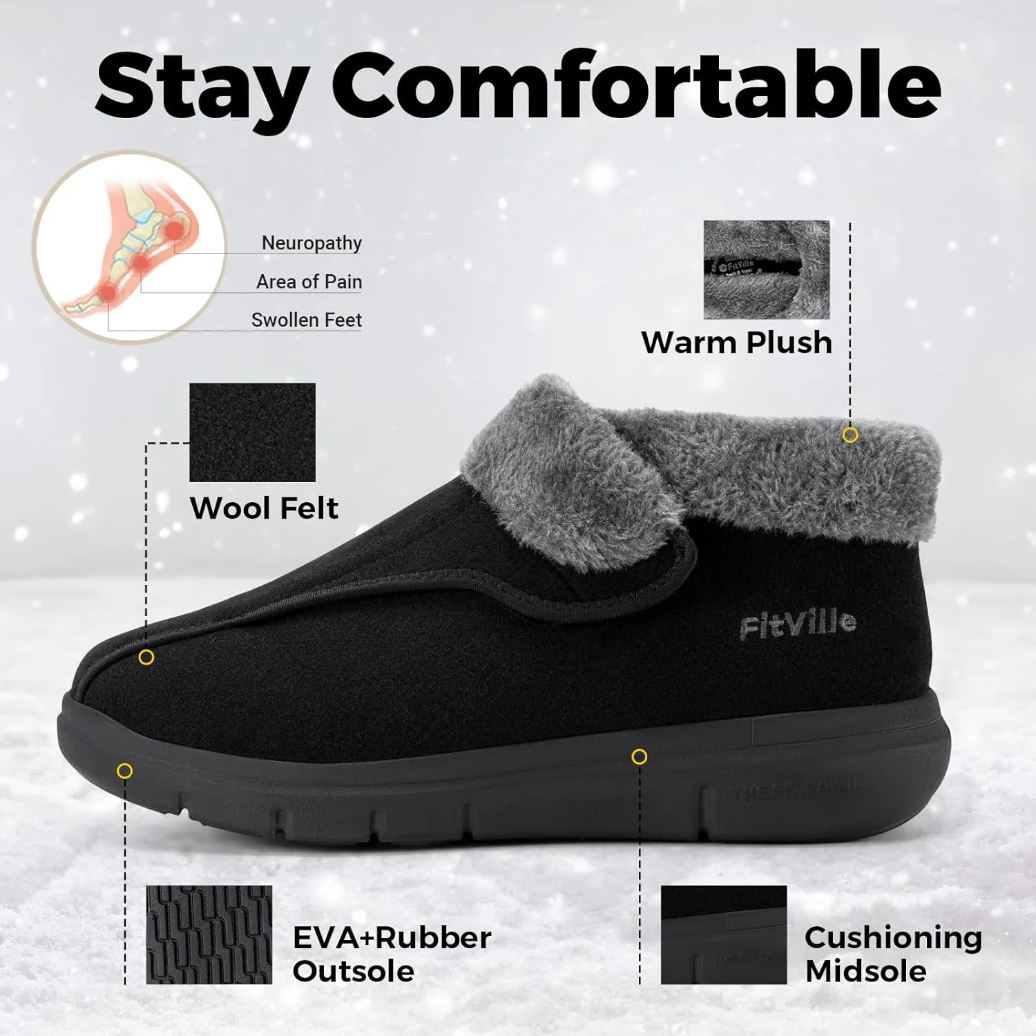 FitVille Men's Wide Snow Boots, Lightweight Winter Boots Slippers Warm Slip-on Diabetic Boots with Adjustable Closures, Comfortable Lymphedema Shoes for Swollen Feet