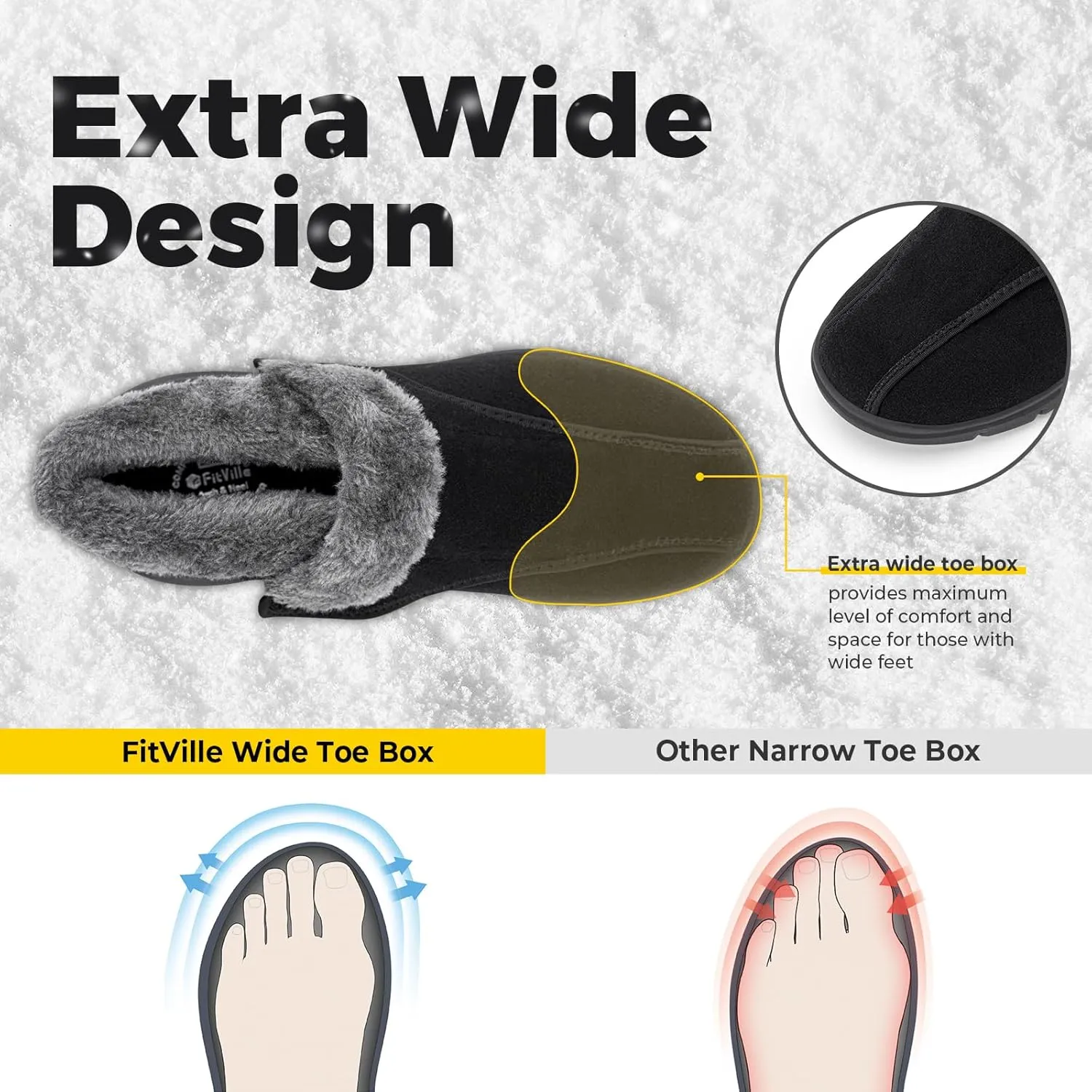 FitVille Men's Wide Snow Boots, Lightweight Winter Boots Slippers Warm Slip-on Diabetic Boots with Adjustable Closures, Comfortable Lymphedema Shoes for Swollen Feet
