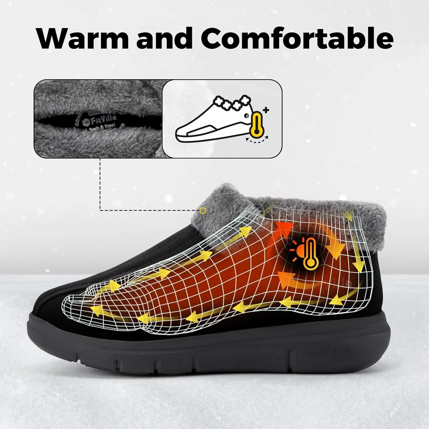 FitVille Men's Wide Snow Boots, Lightweight Winter Boots Slippers Warm Slip-on Diabetic Boots with Adjustable Closures, Comfortable Lymphedema Shoes for Swollen Feet