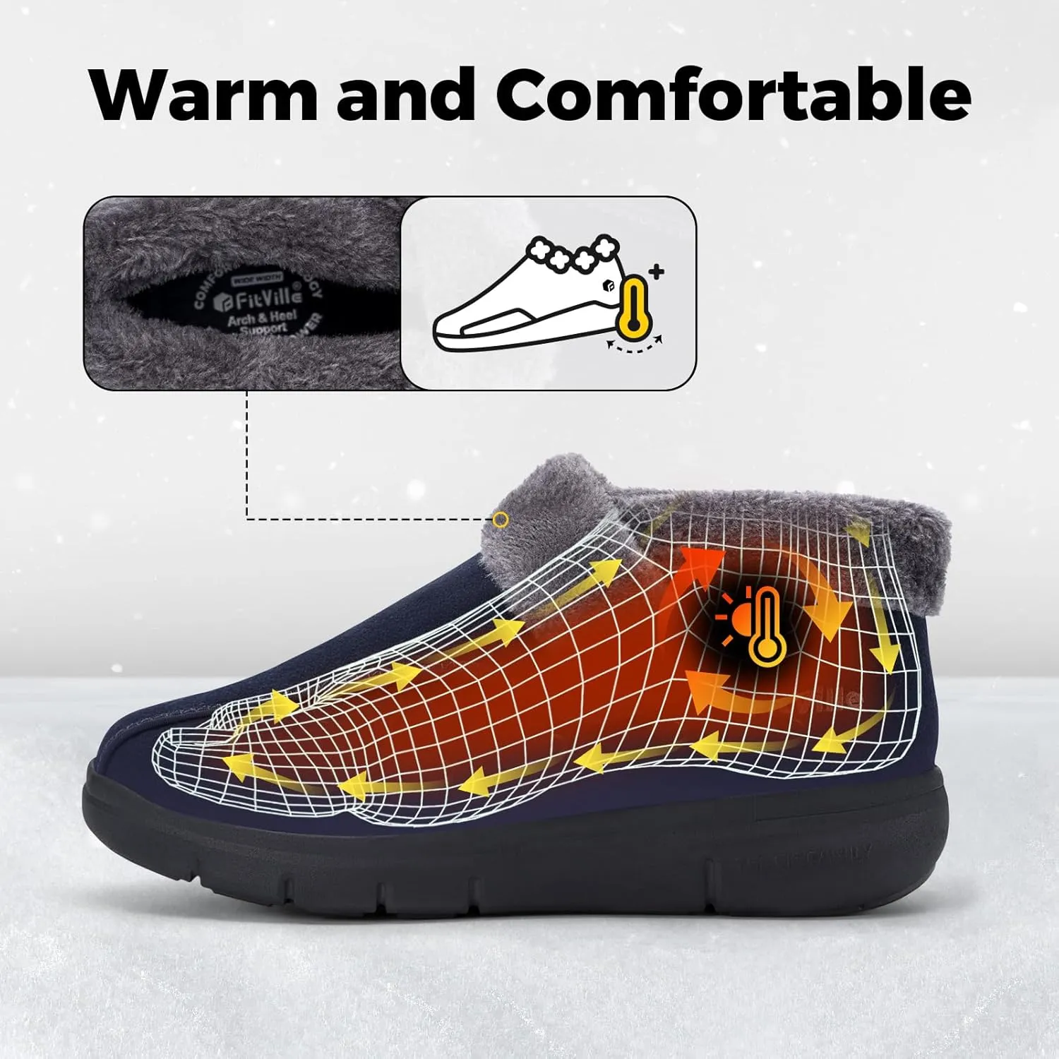 FitVille Men's Wide Snow Boots, Lightweight Winter Boots Slippers Warm Slip-on Diabetic Boots with Adjustable Closures, Comfortable Lymphedema Shoes for Swollen Feet
