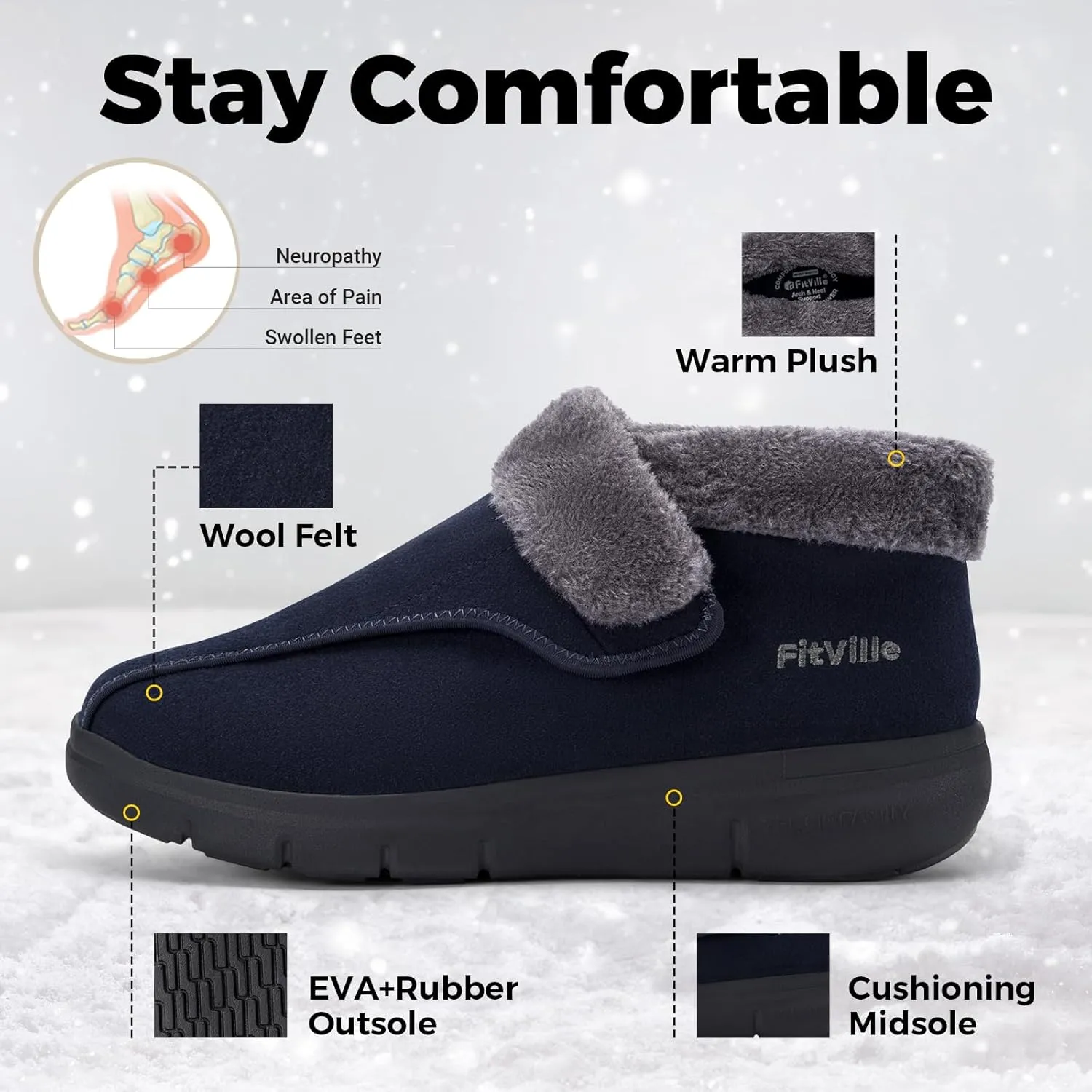 FitVille Men's Wide Snow Boots, Lightweight Winter Boots Slippers Warm Slip-on Diabetic Boots with Adjustable Closures, Comfortable Lymphedema Shoes for Swollen Feet