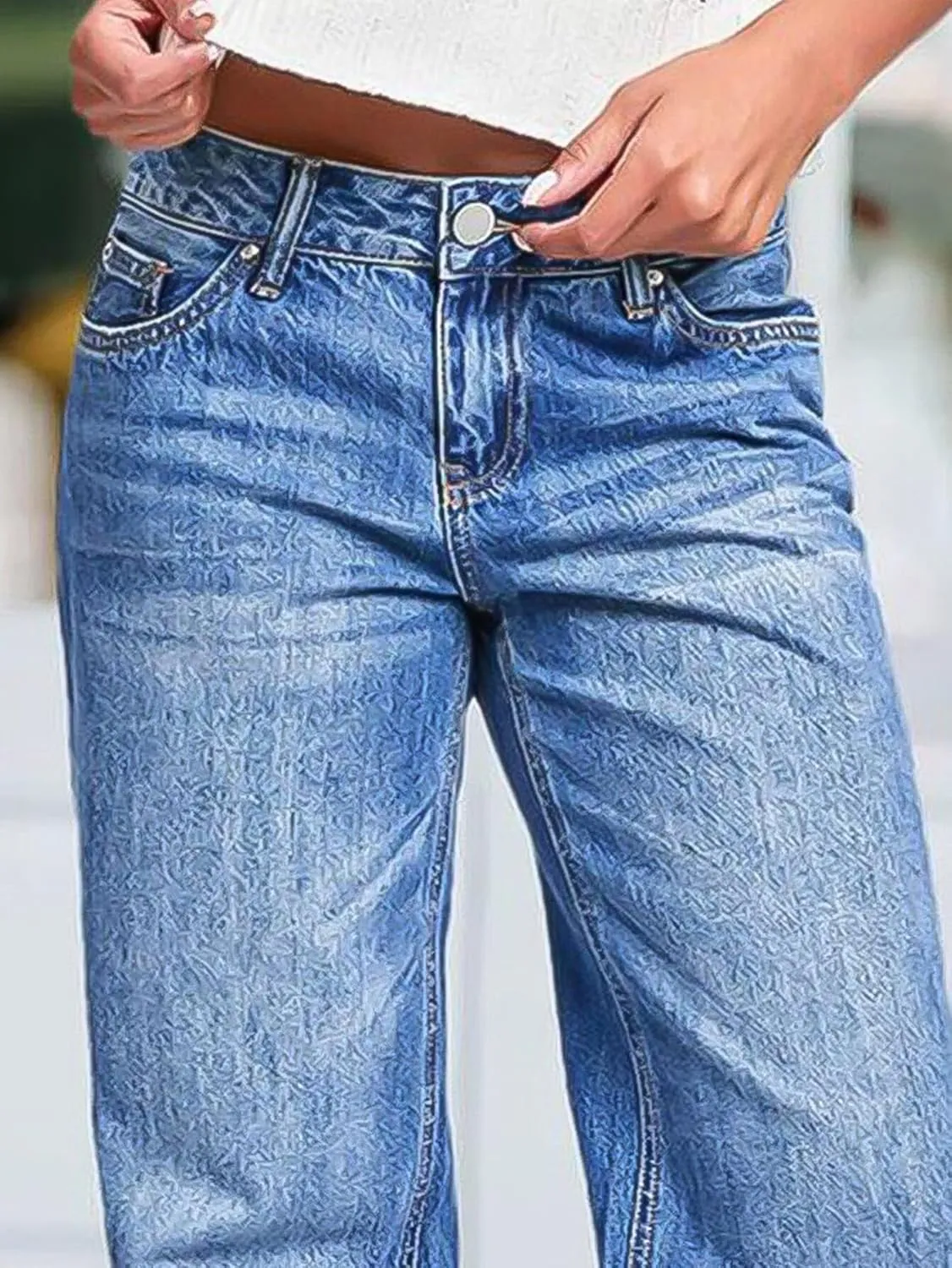 Flamingals Wide Leg Jeans for Women Mid Waist Baggy Stitch Decor Denim Washed Pants Without Belt